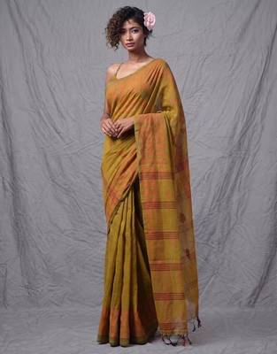 mustard cotton blend handspun soft saree with geometric border 2