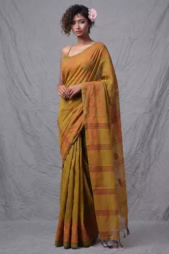mustard cotton blend handspun soft saree with geometric border