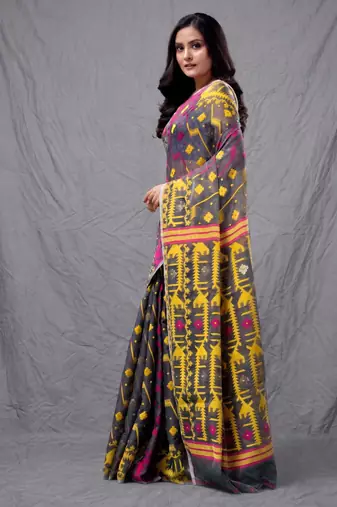 Grey cotton silk handwoven soft jamdani saree