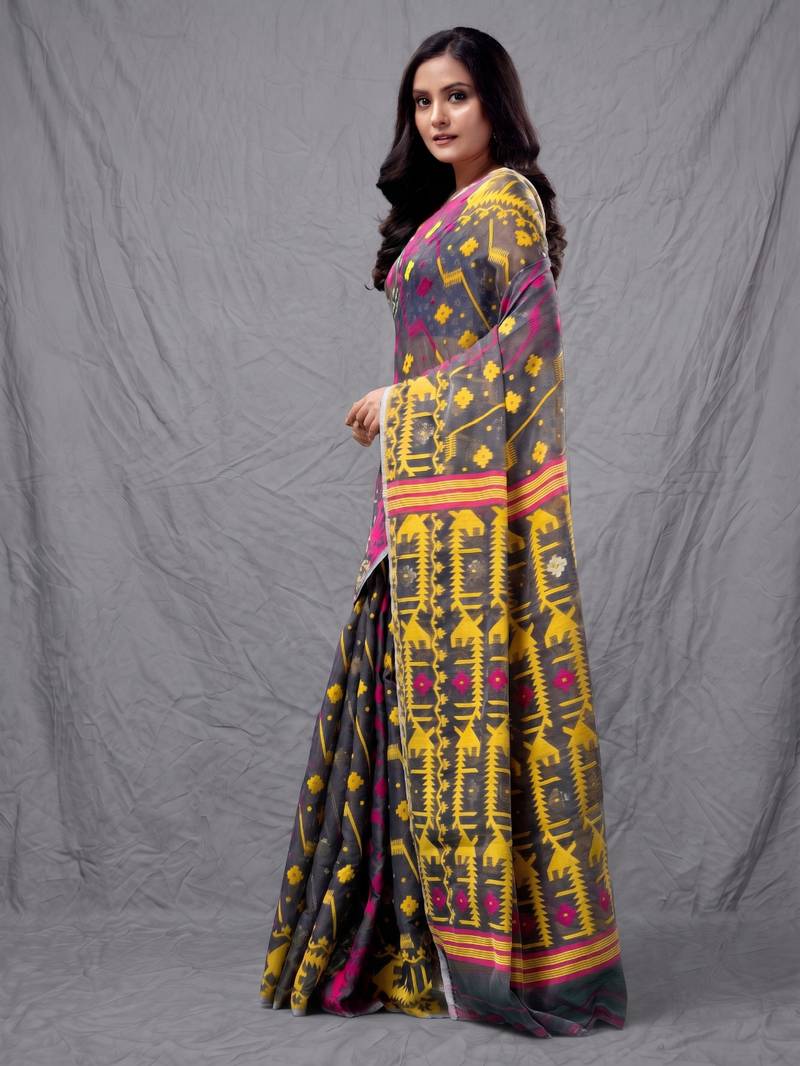 Grey cotton silk handwoven soft jamdani saree