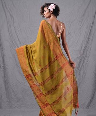 mustard cotton blend handspun soft saree with geometric border 3