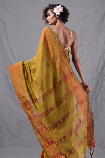 mustard cotton blend handspun soft saree with geometric border