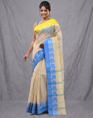 cream cotton blend taant saree with woven designs 1