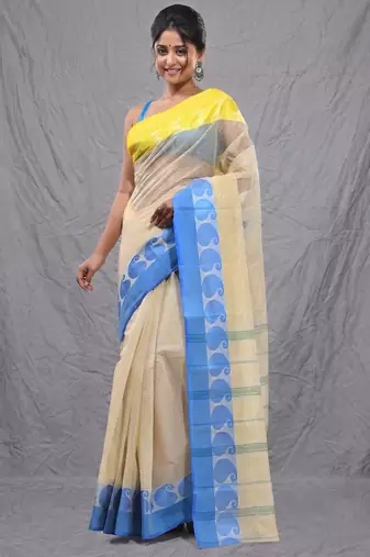 cream cotton blend taant saree with woven designs