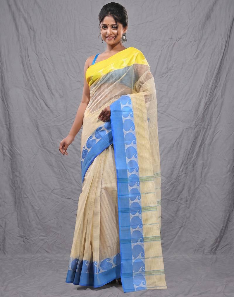 cream cotton blend taant saree with woven designs