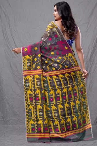 Grey cotton silk handwoven soft jamdani saree