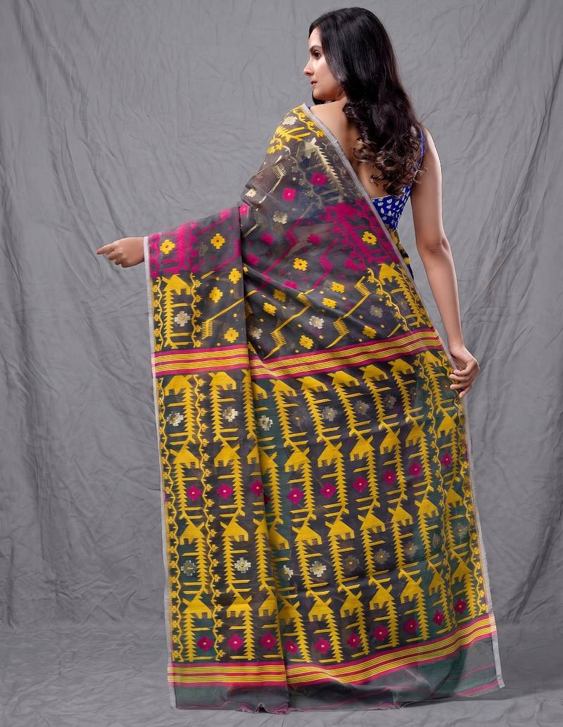 Grey cotton silk handwoven soft jamdani saree