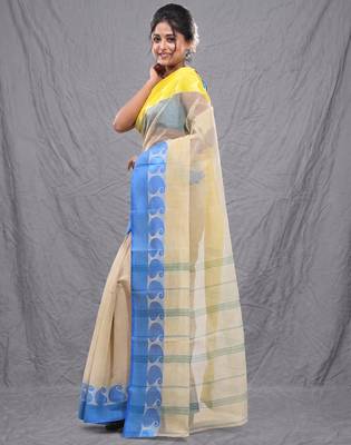 cream cotton blend taant saree with woven designs 2