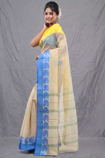 cream cotton blend taant saree with woven designs