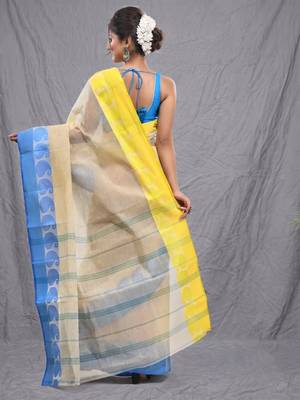 cream cotton blend taant saree with woven designs 3