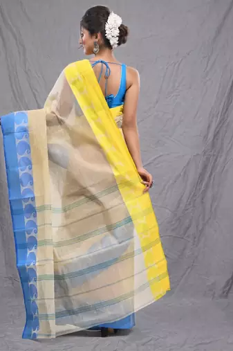 cream cotton blend taant saree with woven designs