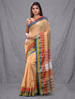 cream handspun cotton blend soft saree with woven design 1