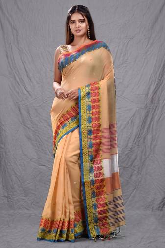 cream handspun cotton blend soft saree with woven design