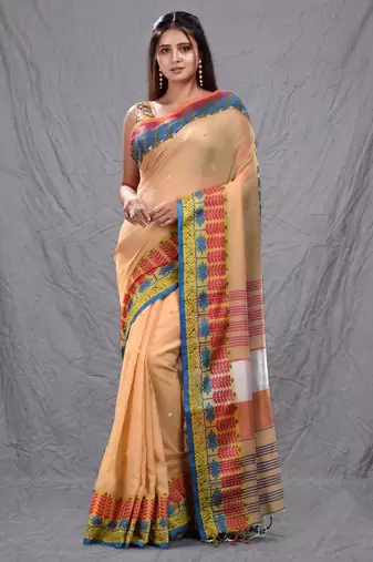 cream handspun cotton blend soft saree with woven design