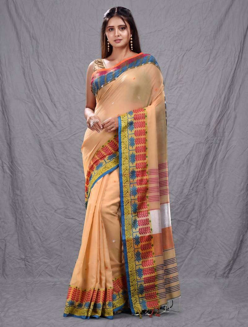 cream handspun cotton blend soft saree with woven design