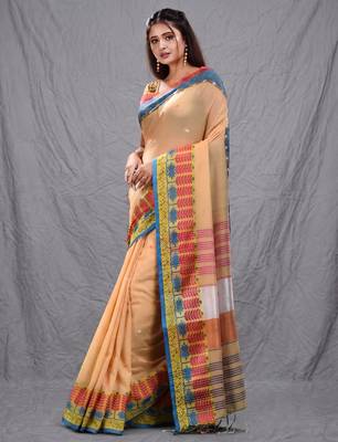 cream handspun cotton blend soft saree with woven design 2