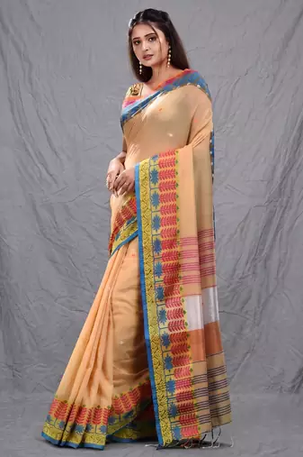 cream handspun cotton blend soft saree with woven design