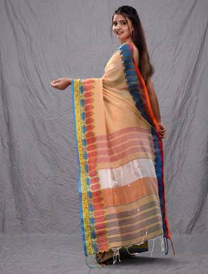 cream handspun cotton blend soft saree with woven design 3