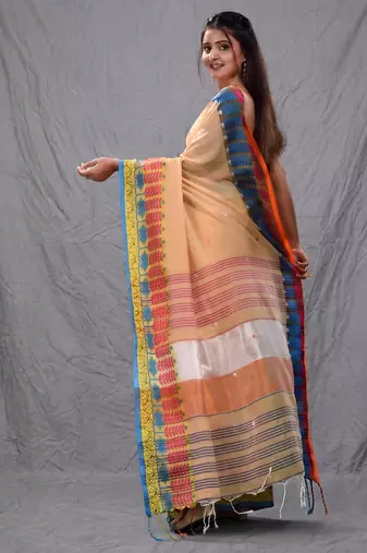 cream handspun cotton blend soft saree with woven design