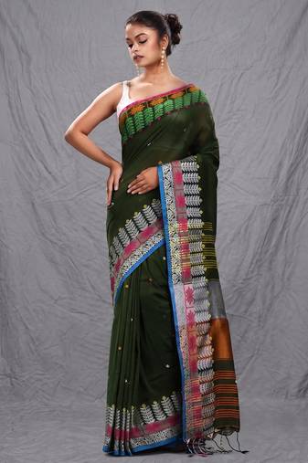 deep green handspun cotton blend soft saree with woven design