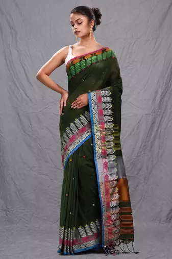 deep green handspun cotton blend soft saree with woven design