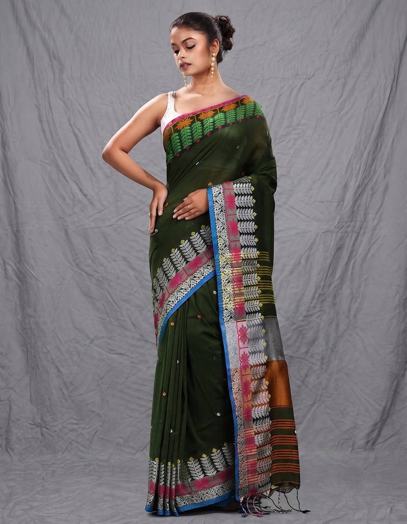 deep green handspun cotton blend soft saree with woven design