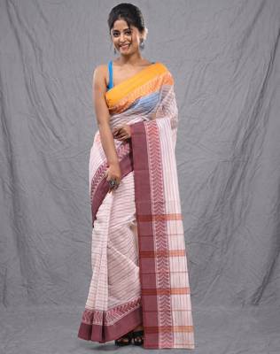 white cotton blend taant saree with woven designs 1
