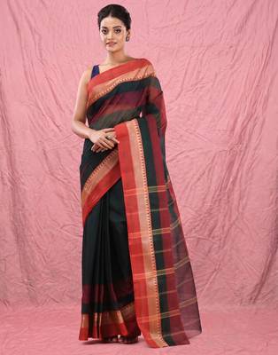 emerald green cotton blend taant saree with temple border 1
