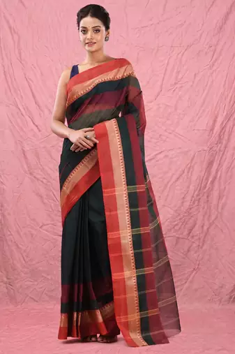 emerald green cotton blend taant saree with temple border