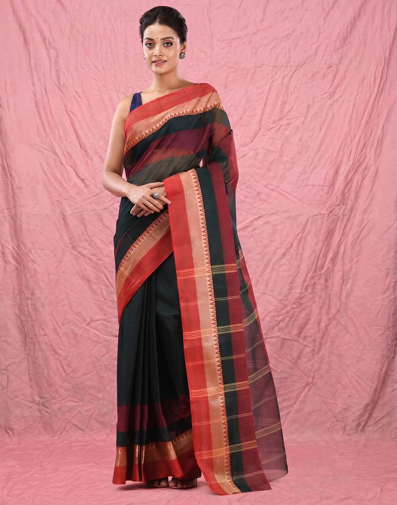 emerald green cotton blend taant saree with temple border