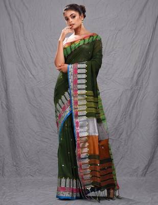 deep green handspun cotton blend soft saree with woven design 2