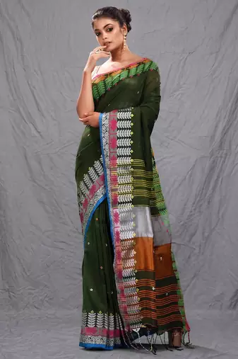 deep green handspun cotton blend soft saree with woven design