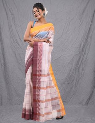 white cotton blend taant saree with woven designs 2