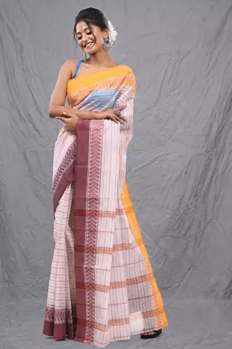 white cotton blend taant saree with woven designs