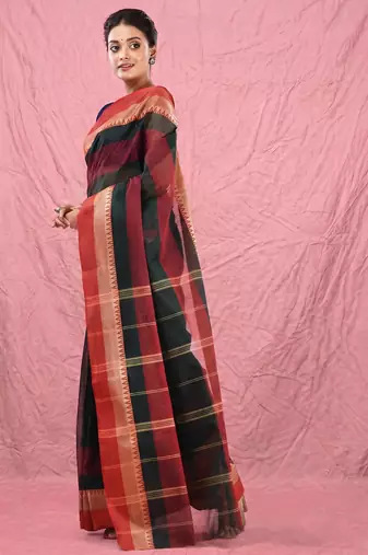 emerald green cotton blend taant saree with temple border