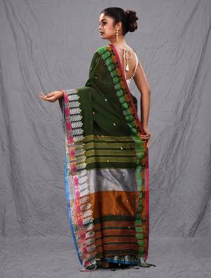 deep green handspun cotton blend soft saree with woven design 3