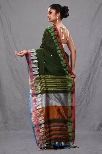 deep green handspun cotton blend soft saree with woven design