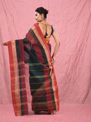 emerald green cotton blend taant saree with temple border 3
