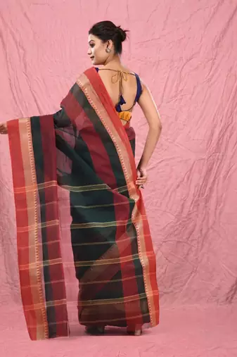 emerald green cotton blend taant saree with temple border