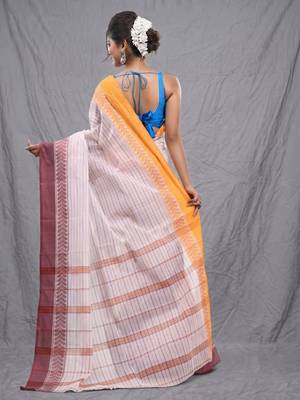 white cotton blend taant saree with woven designs 3
