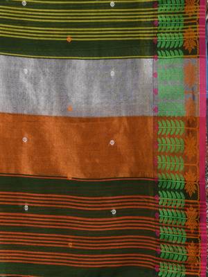 deep green handspun cotton blend soft saree with woven design 4