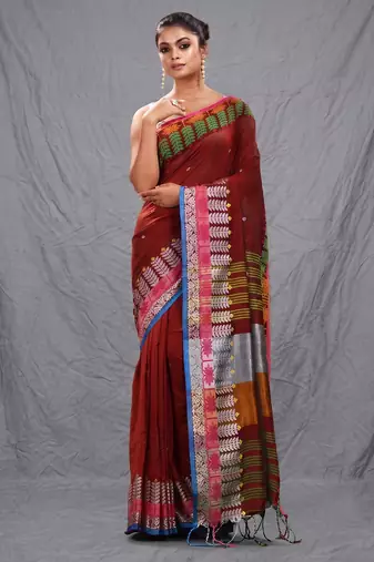 red handspun cotton blend soft saree with woven design