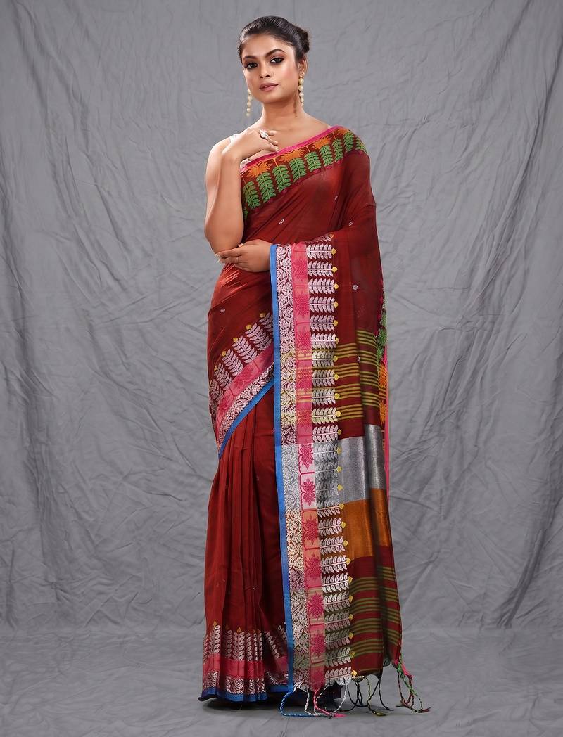red handspun cotton blend soft saree with woven design