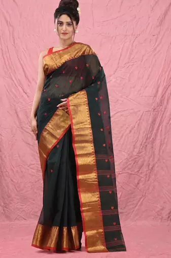 dark green cotton blend taant saree with zari border