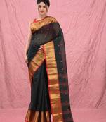 dark green cotton blend taant saree with zari border