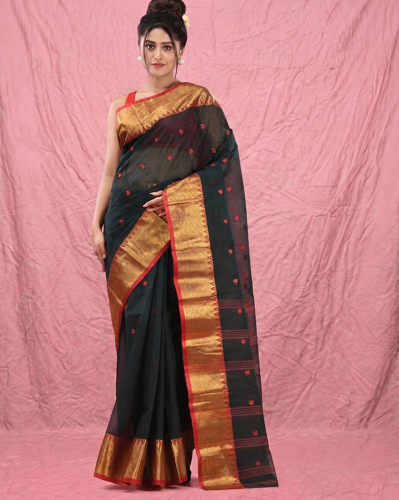dark green cotton blend taant saree with zari border