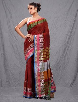 red handspun cotton blend soft saree with woven design 2