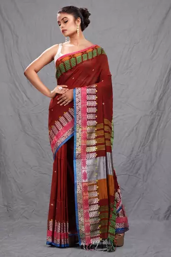 red handspun cotton blend soft saree with woven design