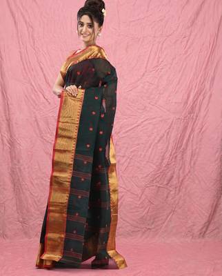 dark green cotton blend taant saree with zari border 2
