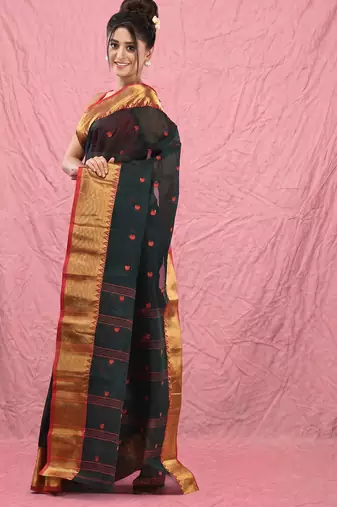 dark green cotton blend taant saree with zari border